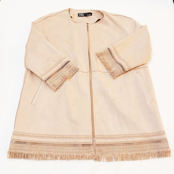Zara Fringed Jacket Cardigan Textured Faux Suede Nude Pink Size L - Picture 1 of 6